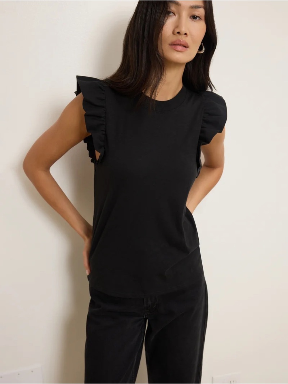 Nation LTD Paulette Tank Black Pima Cotton Ruffle Top XS - Picture 8 of 10